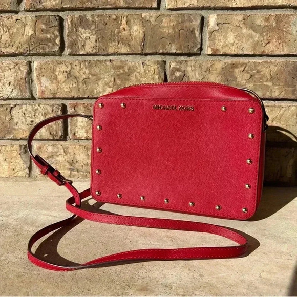 Michael Kors Handbags - NWT Michael Kors Sandrine Leather Gold Stud Red Saffiano Scarlet Crossbody Purse